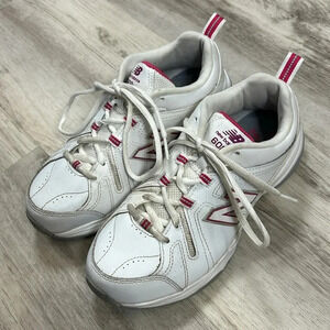 New Balance WX608V4P Cross Trainer Sneakers in White and Hot Barbie Pink / 7.5